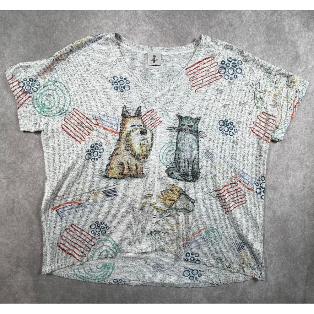 Inoah Womens Large Top Cat Dog Print Oversized High Low Wearable Art USA